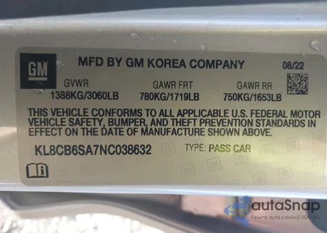 2022 Chevrolet Spark Fwd Ls Automatic z USA, uszkodzony, nr VIN KL8CB6SA7NC038632